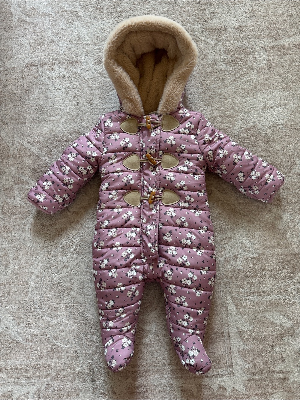 Mauve Floral Quilted Hooded Baby One-Piece Footie